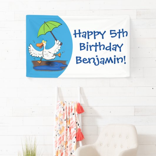 Funny eend met paraplu dansende cartoon spandoek (Insitu)