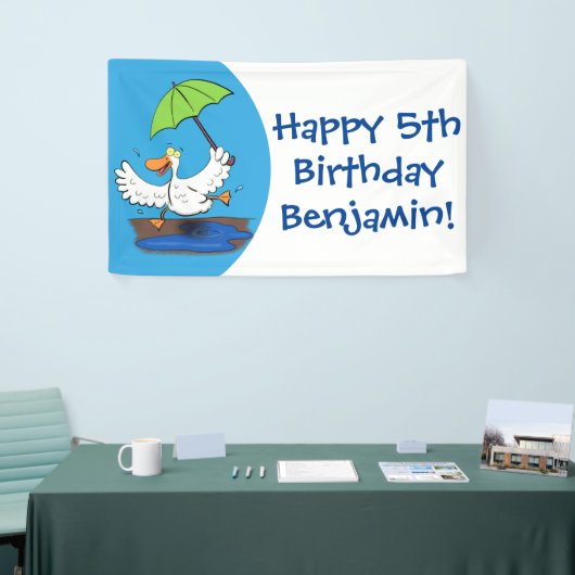 Funny eend met paraplu dansende cartoon spandoek (Beurs)