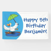 Funny eend met paraplu dansende cartoon spandoek (Horizontaal)