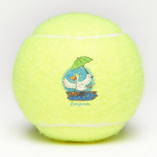 Funny eend met paraplu dansende cartoon tennisballen