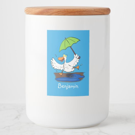 Funny eend met paraplu dansende cartoon voedselcontainer etiket (Voorkant)