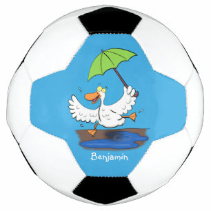 Funny eend met paraplu dansende cartoon voetbal