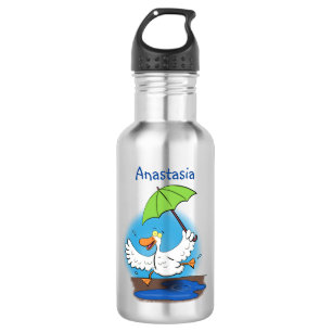 Funny eend met paraplu dansende cartoon waterfles 