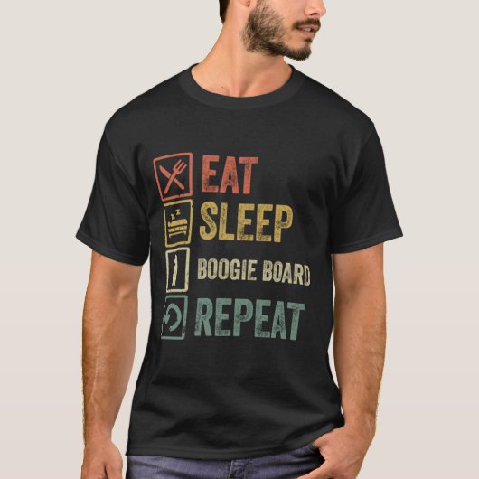 Funny eet slaapboogie board repetitief retro t-shirt (Voorkant)