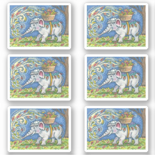 FUNNY ELEPHANT BLOWING AUTUMN VERLAAT IN BASKET STICKER (Voorkant)