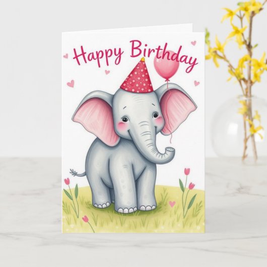 Funny Elephant Happy Birthday Kaart (Gele Bloem)