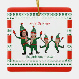 Funny Elf Familie van Vier Foto Red Green Kerstmis Keramisch Ornament