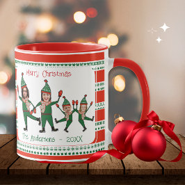 Funny Elf Familie van Vier Foto Red Green Kerstmis Mok