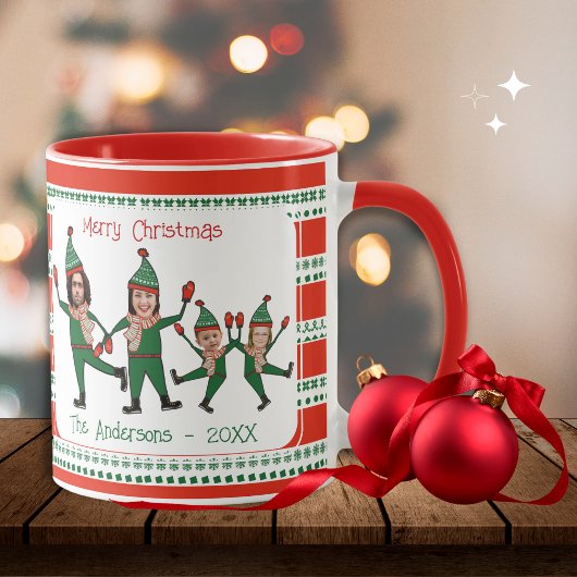 Funny Elf Familie van Vier Foto Red Green Kerstmis Mok