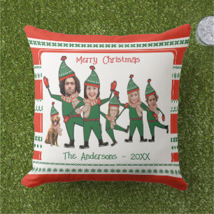 Funny Elf Familie van Vijf Dog Red Green Kerstmis Buitenkussen