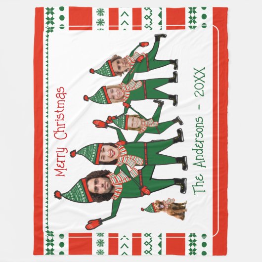 Funny Elf Familie van Vijf Dog Red Green Kerstmis Fleece Deken (Voorkant)