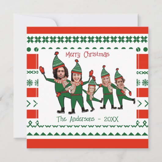 Funny Elf Familie van Vijf Foto Rood Kerst Feestdagenkaart (Voorkant)