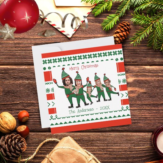 Funny Elf Familie van Vijf Foto Rood Kerst Feestdagenkaart