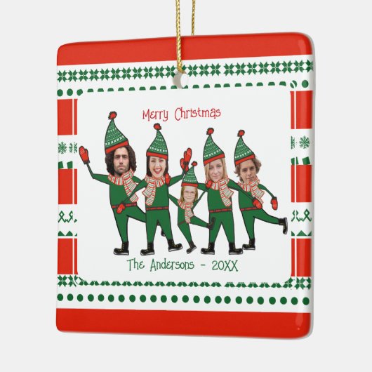 Funny Elf Familie van Vijf Foto Rood Kerst Keramisch Ornament (Links)