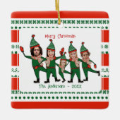 Funny Elf Familie van Vijf Foto Rood Kerst Keramisch Ornament (Voorkant)