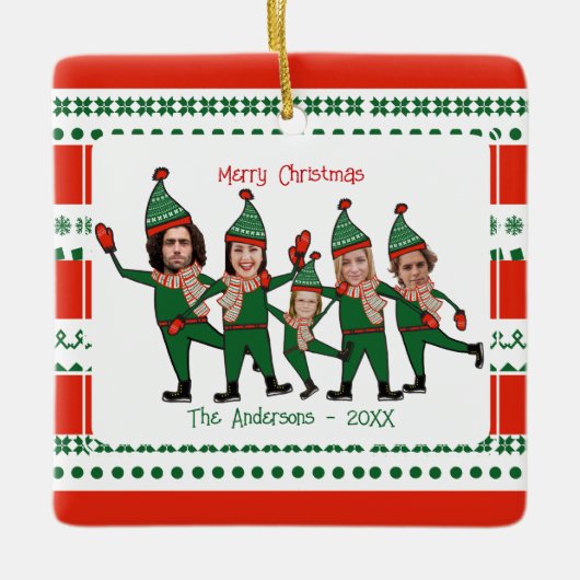 Funny Elf Familie van Vijf Foto Rood Kerst Keramisch Ornament (Voorkant)