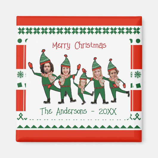 Funny Elf Familie van Vijf Foto Rood Kerst Magneet (Voorkant)