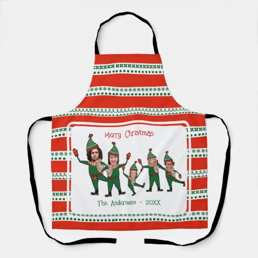 Funny Elf Familie van Vijf Foto Rood Kerst Schort (Voorkant)