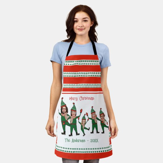 Funny Elf Familie van Vijf Foto Rood Kerst Schort (Gedragen)