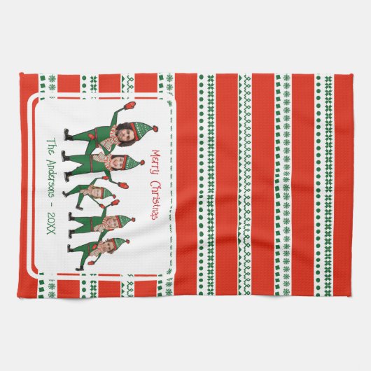 Funny Elf Familie van Vijf Foto Rood Kerst Theedoek (Horizontaal)