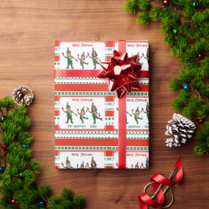 Funny Elf Family Foto Red Green Merry Kerstry Cadeaupapier