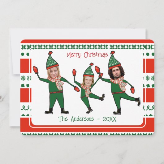Funny Elf Family Foto Red Green Merry Kerstry Feestdagenkaart (Voorkant)