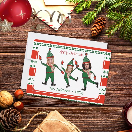 Funny Elf Family Foto Red Green Merry Kerstry Feestdagenkaart