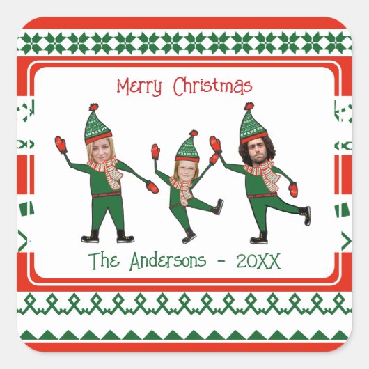 Funny Elf Family Foto Red Green Merry Kerstry Vierkante Sticker (Voorkant)