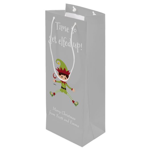 Funny Elf Kerstmis met wijn Wijn Cadeautas (Achterkant Gekanteld)