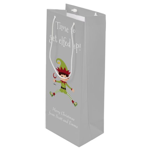 Funny Elf Kerstmis met wijn Wijn Cadeautas (Voorkant Gekanteld)