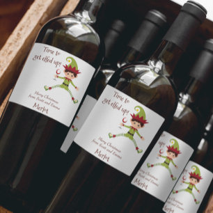 Funny Elf Kerstmis met wijn Wijn Etiket