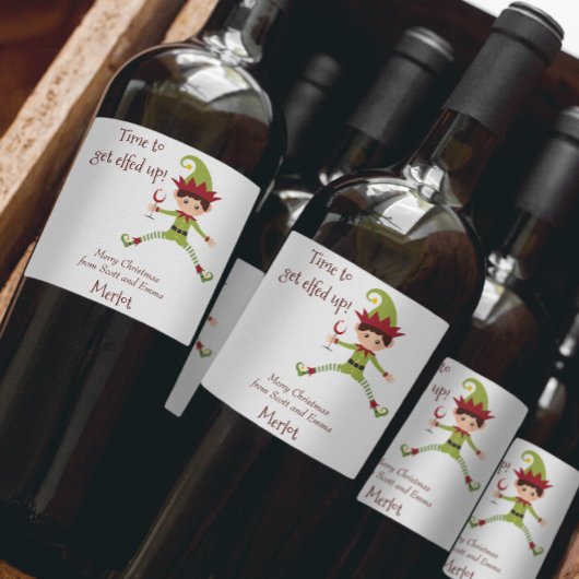 Funny Elf Kerstmis met wijn Wijn Etiket