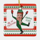 Funny Elf, mijn eerste kerstrood-groene Keramisch Ornament (Voorkant)