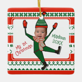 Funny Elf, mijn eerste kerstrood-groene Keramisch Ornament