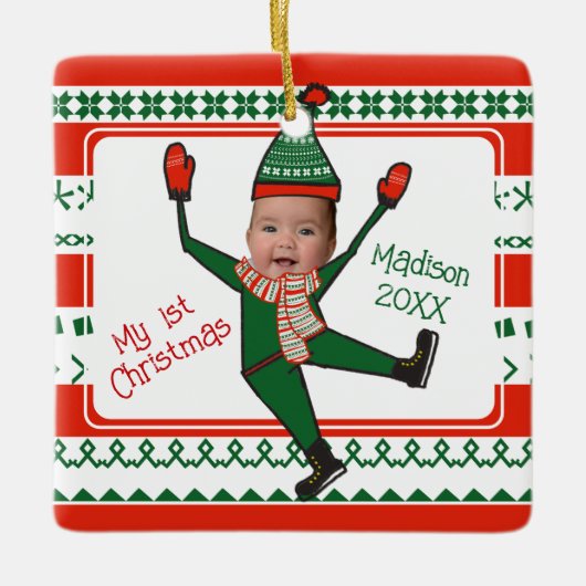 Funny Elf, mijn eerste kerstrood-groene Keramisch Ornament (Voorkant)