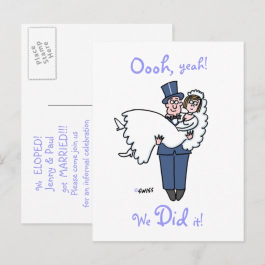 Funny Elopement Aankondiging Briefkaart Sjabloon (Voorkant / Achterkant)