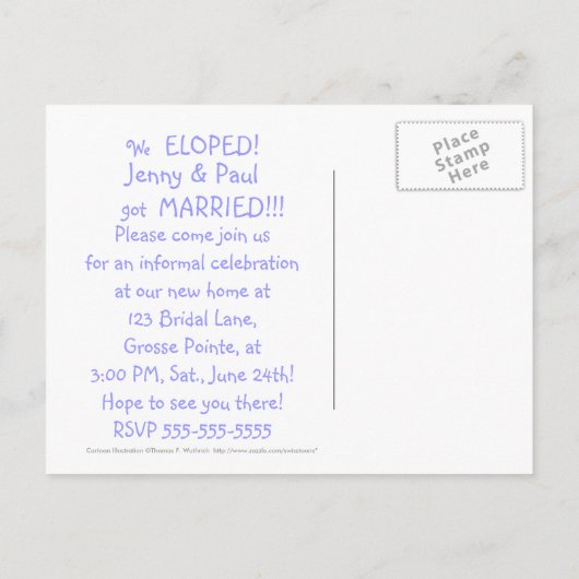 Funny Elopement Aankondiging Briefkaart Sjabloon (Achterkant)