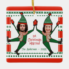 Funny Elves 1e Kerstkerst, met rood groen, aangepa Keramisch Ornament