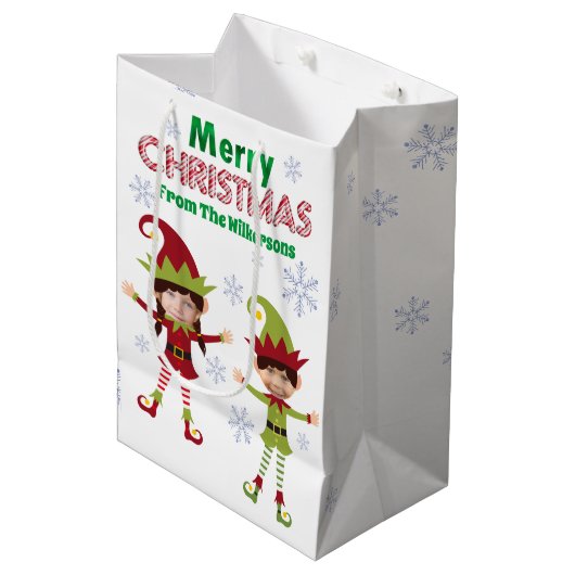 Funny Elves Aangepaste Kinder Foto's Vrolijk Kerst Medium Cadeauzakje (Voorkant Gekanteld)