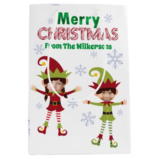 Funny Elves Aangepaste Kinder Foto's Vrolijk Kerst Medium Cadeauzakje (Voorkant)
