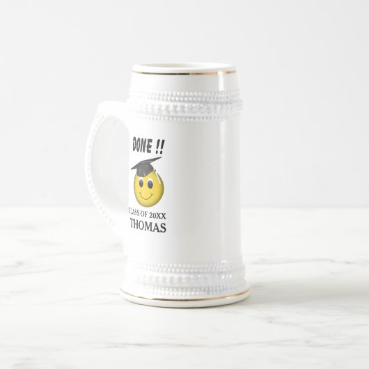 Funny Emoji "Gedaan" Afstuderen Bierpul (Voorkant links)