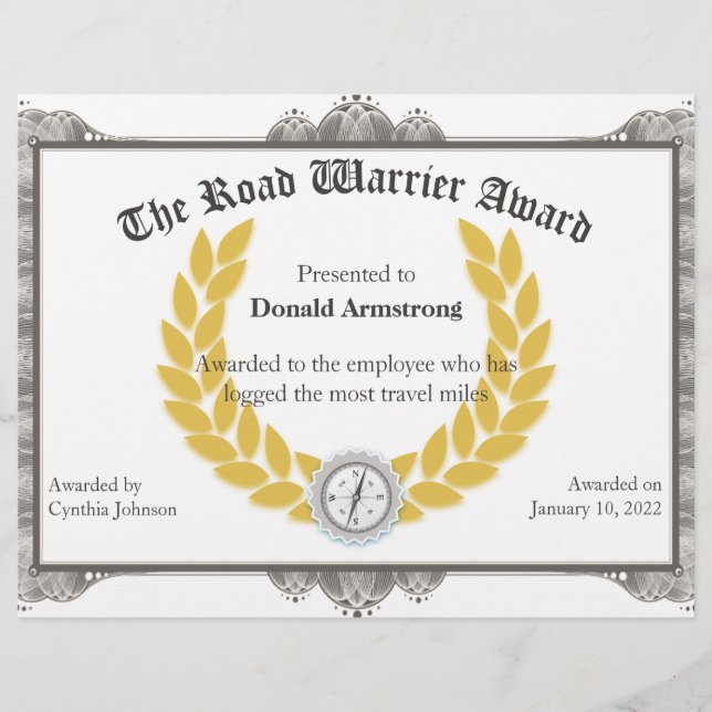 Funny Employee Award - Road Warrier (Voorkant)