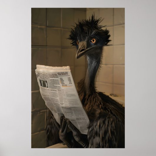Funny Emu Bathroom Print, Newspaper Reading Animal Poster (Voorkant)
