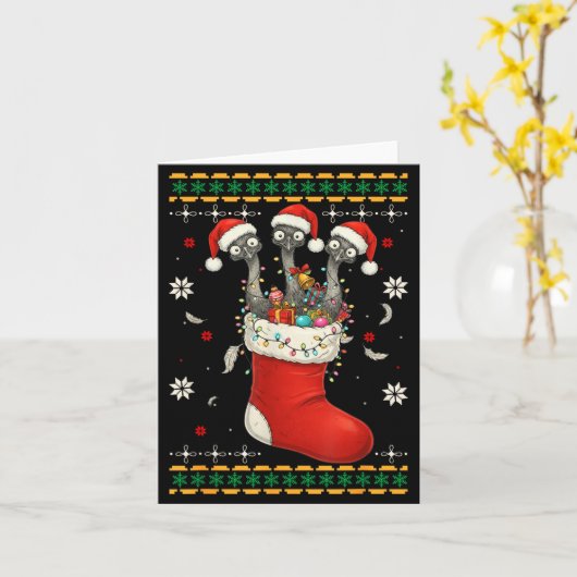 Funny Emu Bird In Xmas Socks Lights Christmas  Kaart (Gele Bloem)