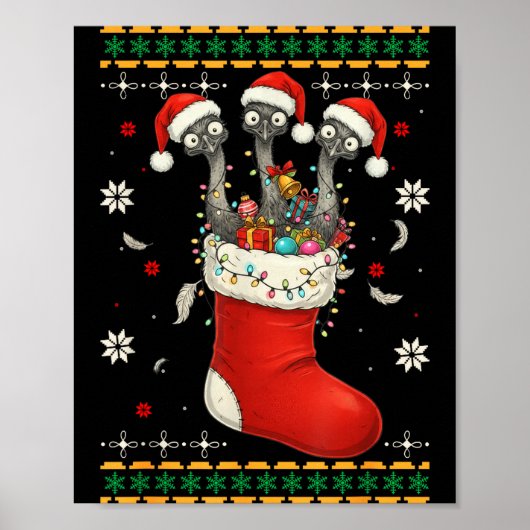 Funny Emu Bird In Xmas Socks Lights Christmas  Poster (Voorkant)