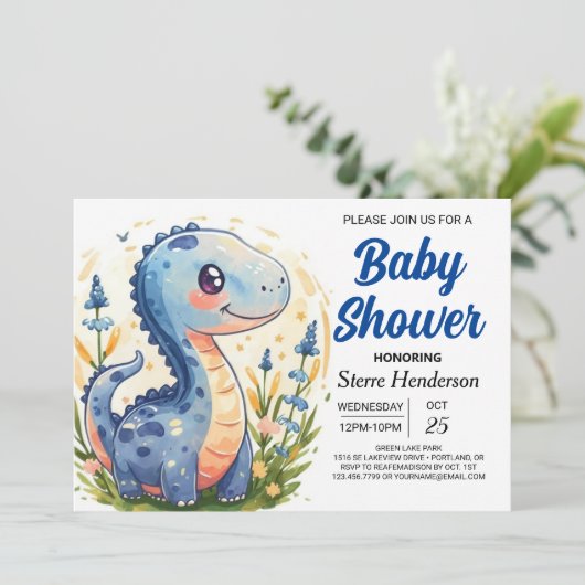 Funny Enchanted Blue Dinosaur Boy Baby shower Kaart (Staand voorkant)