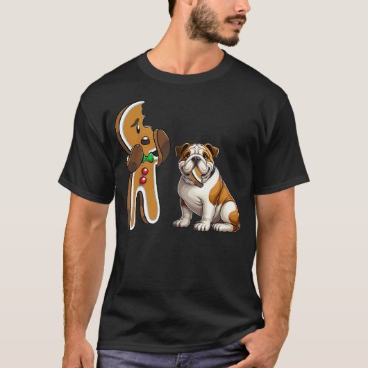 Funny English Bulldog Dog Biting Gingerbread Merry T-shirt (Voorkant)