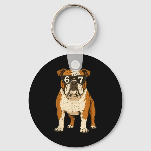Funny English Bulldog Dog Sungles 67 Six Seven Mem Sleutelhanger (Voorkant)