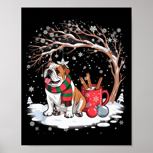 Funny English Bulldog In The Snow Tree Christmas W Poster (Voorkant)