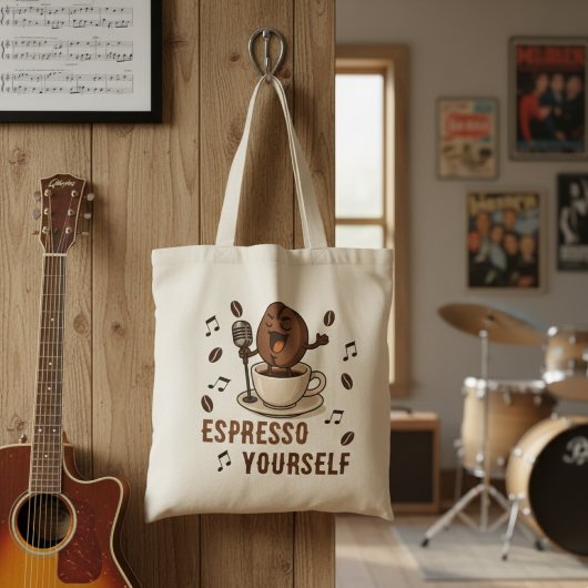 Funny Espresso Yourself Singing Coffee Bean Pun Tote Bag